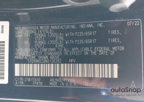 2022 Toyota Sienna Xle z USA, uszkodzony, nr VIN 5TDYRKEC8NS126392